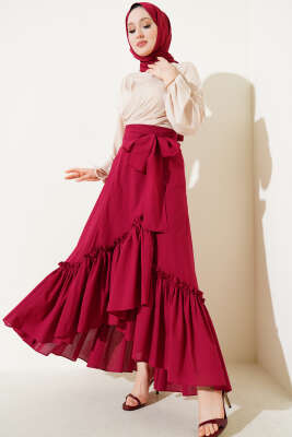 Kendinden Kuşaklı Çingene Etek Burgonya - Uzun Etek