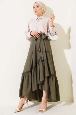 Kendinden Kuşaklı Çingene Etek Haki - Uzun Etek