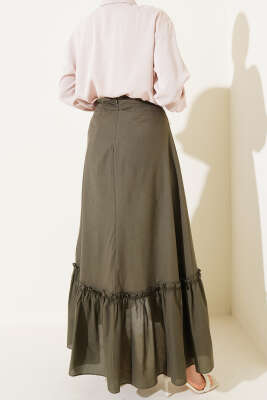 Kendinden Kuşaklı Çingene Etek Haki - Uzun Etek