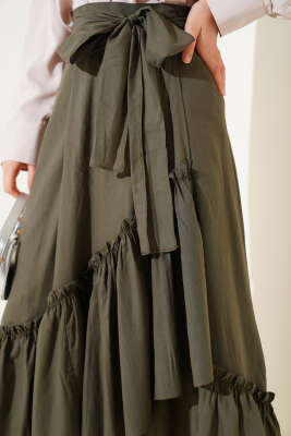 Kendinden Kuşaklı Çingene Etek Haki - Uzun Etek