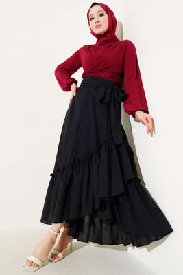 Kendinden Kuşaklı Çingene Etek Siyah - Uzun Etek