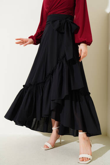 Kendinden Kuşaklı Çingene Etek Siyah - Uzun Etek