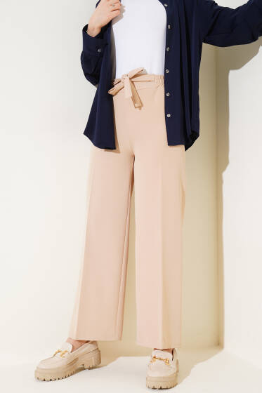 Kendinden Kuşaklı Dabıl Pantolon Bej - Pantolon
