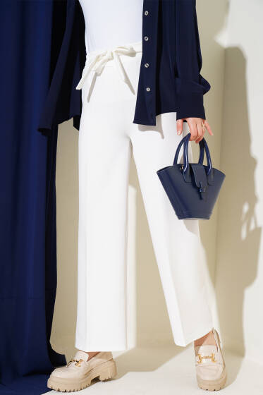 Kendinden Kuşaklı Dabıl Pantolon Beyaz - Pantolon