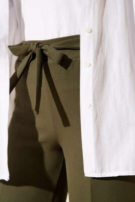 Kendinden Kuşaklı Dabıl Pantolon Haki - Yılın Fırsatı