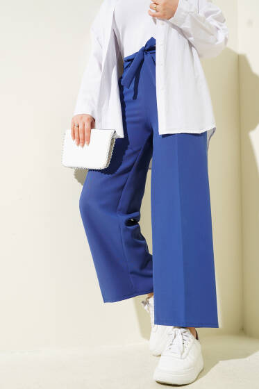 Kendinden Kuşaklı Dabıl Pantolon İndigo - Pantolon