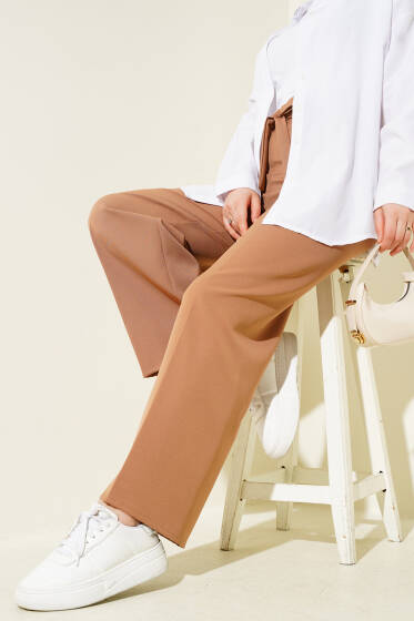 Kendinden Kuşaklı Dabıl Pantolon Latte - Pantolon
