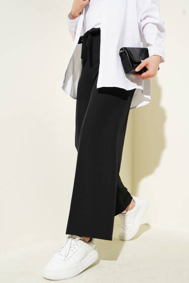 Kendinden Kuşaklı Dabıl Pantolon Siyah - Pantolon