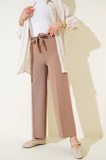 Kendinden Kuşaklı Dabıl Pantolon Vizon - Pantolon