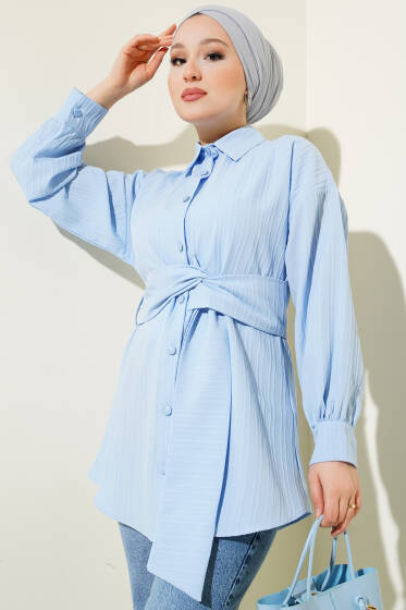 Kendinden Kuşaklı Kabartma Çizgili Gömlek Mavi - Gömlek