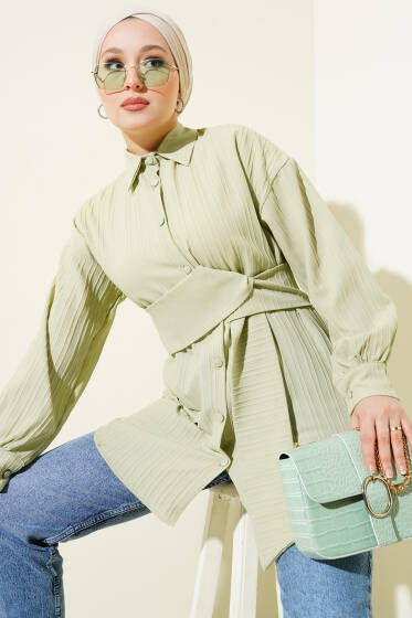 Kendinden Kuşaklı Kabartma Çizgili Gömlek Mint - Gömlek
