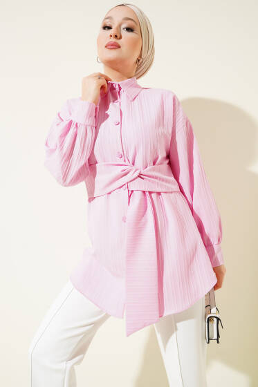 Kendinden Kuşaklı Kabartma Çizgili Gömlek Pembe - Gömlek