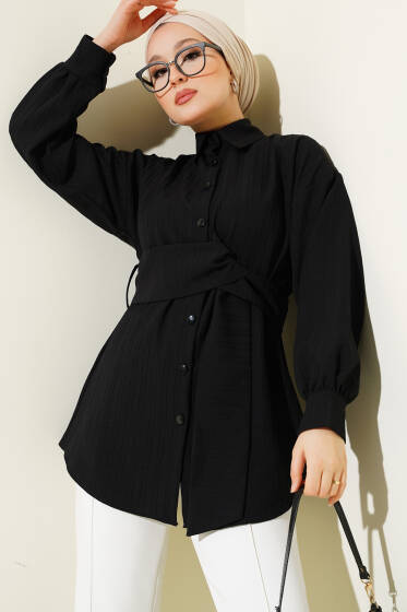Kendinden Kuşaklı Kabartma Çizgili Gömlek Siyah - Gömlek