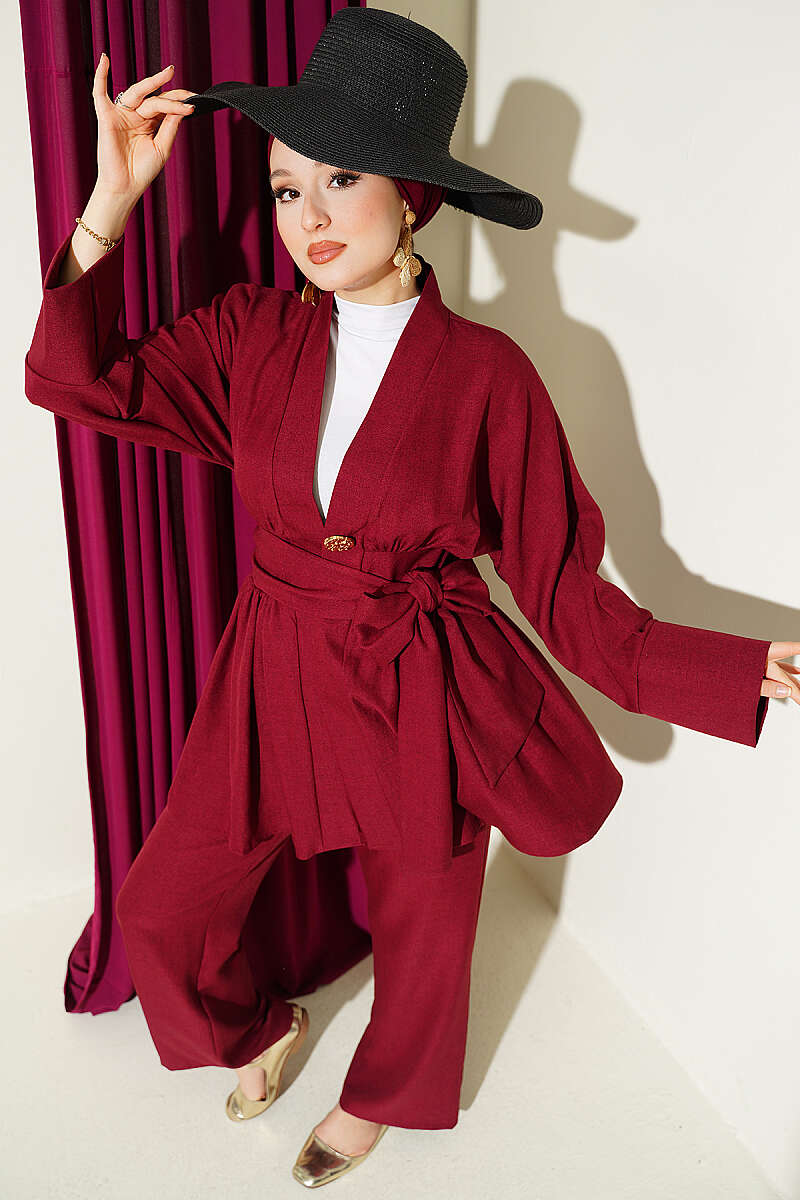 Kendinden Kuşaklı Kimono İkili Takım Bordo
