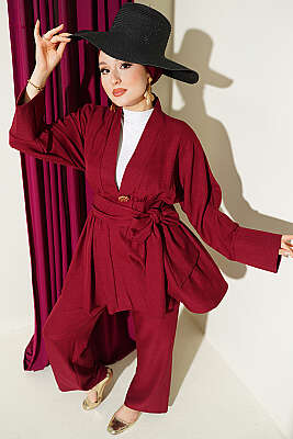 Kendinden Kuşaklı Kimono İkili Takım Bordo - DENİZ LIFE