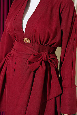 Kendinden Kuşaklı Kimono İkili Takım Bordo - İkili Takım