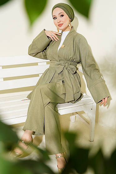 Kendinden Kuşaklı Kimono İkili Takım Çağla Yeşili - 700-100 TL Ürünler