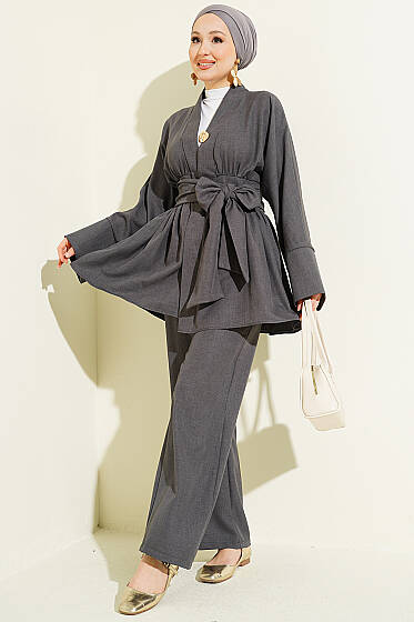 Kendinden Kuşaklı Kimono İkili Takım Füme - 700-100 TL Ürünler