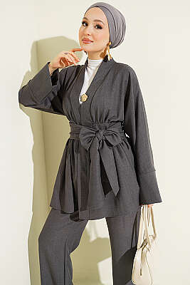 Kendinden Kuşaklı Kimono İkili Takım Füme - İkili Takım