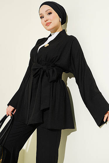 Kendinden Kuşaklı Kimono İkili Takım Siyah - İkili Takım