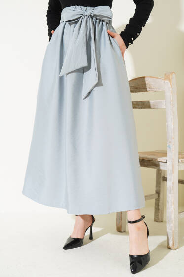 Kendinden Kuşaklı Kloş Etek Gri - Etek