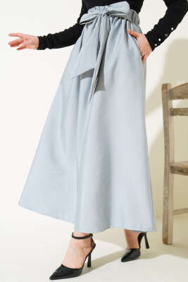 Kendinden Kuşaklı Kloş Etek Gri - Uzun Etek