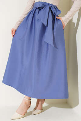 Kendinden Kuşaklı Kloş Etek İndigo