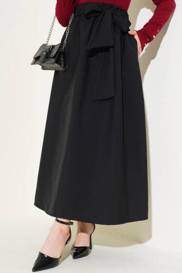 Kendinden Kuşaklı Kloş Etek Siyah - Uzun Etek