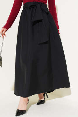 Kendinden Kuşaklı Kloş Etek Siyah - Uzun Etek
