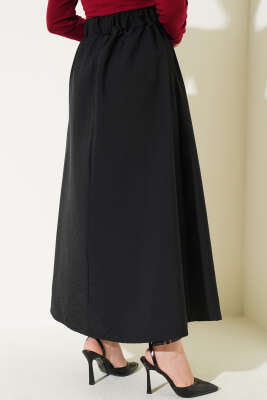 Kendinden Kuşaklı Kloş Etek Siyah - Uzun Etek