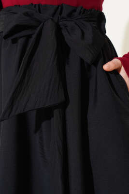 Kendinden Kuşaklı Kloş Etek Siyah - Uzun Etek