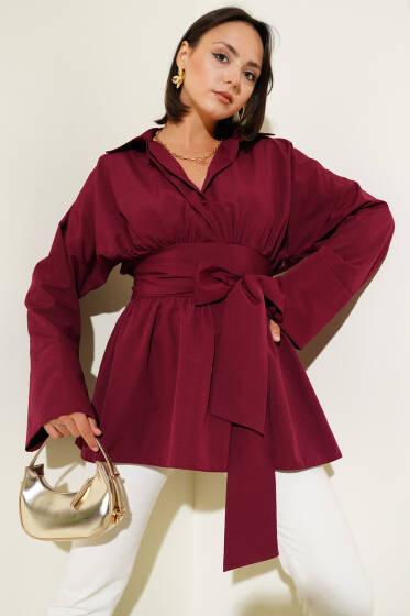 Kendinden Kuşaklı Önü Büzgülü Tunik Bordo - Tunik