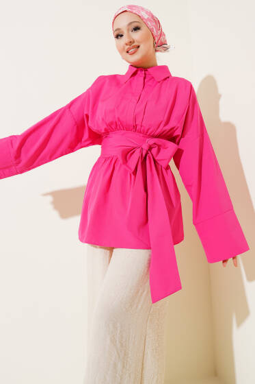 Kendinden Kuşaklı Önü Büzgülü Tunik Fuşya - Tunik