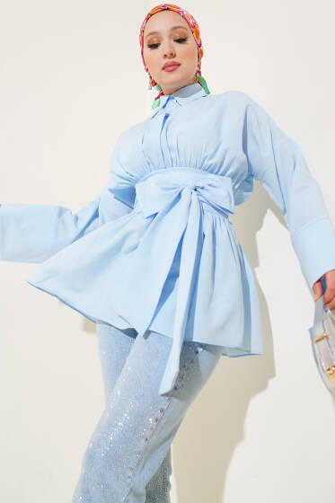 Kendinden Kuşaklı Önü Büzgülü Tunik Mavi - Tunik
