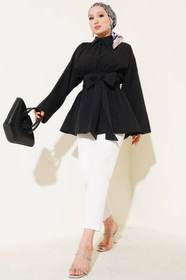 Kendinden Kuşaklı Önü Büzgülü Tunik Siyah - Tunik