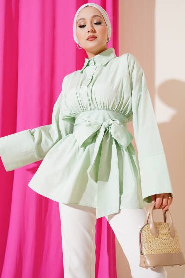 Kendinden Kuşaklı Önü Büzgülü Tunik Su Yeşili - Tunik