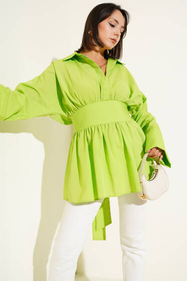 Kendinden Kuşaklı Önü Büzgülü Tunik Yeşil - Tunik