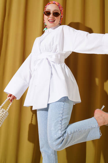 Kendinden Kuşaklı Önü Büzgülü Tunik Beyaz - Tunik