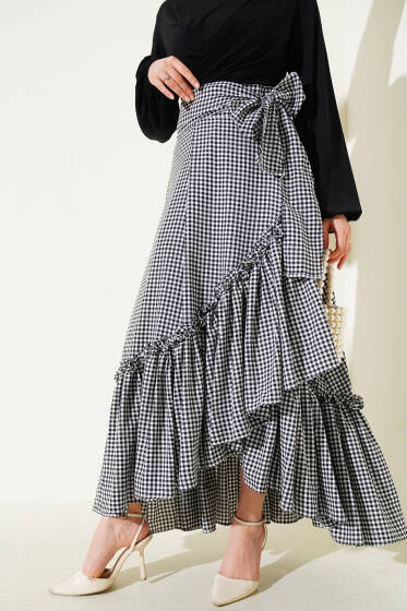 Kendinden Kuşaklı Pitikare Çingene Etek Siyah Beyaz - Etek