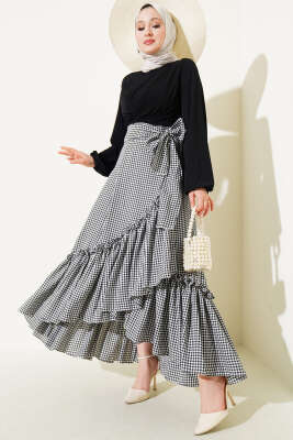 Kendinden Kuşaklı Pitikare Çingene Etek Siyah Beyaz - Uzun Etek