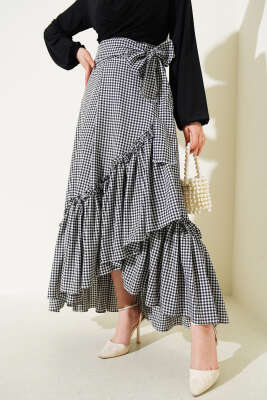 Kendinden Kuşaklı Pitikare Çingene Etek Siyah Beyaz - Uzun Etek