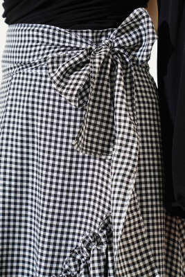 Kendinden Kuşaklı Pitikare Çingene Etek Siyah Beyaz - Uzun Etek