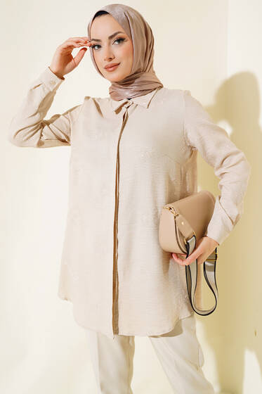 Kendinden Nakışlı Patlı Gömlek Bej - Gömlek