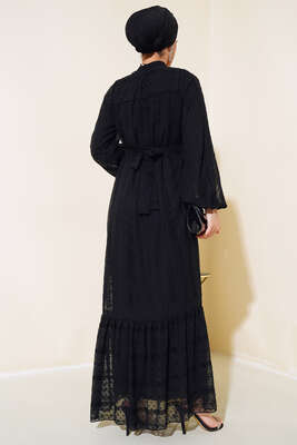 Kendinden Puantiyeli Kuşaklı Elbise Siyah - Thumbnail