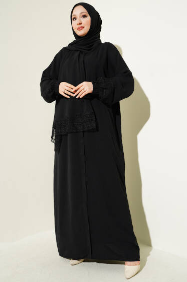 Kendinden Şallı Dantelli Namaz Elbisesi Siyah - Namaz Elbisesi