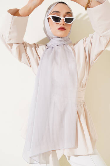 Kendinden Şeritli Jakar Şal Gri - Başörtüsü