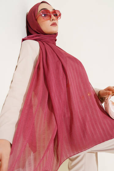 Kendinden Şeritli Jakar Şal Gül Kurusu - Başörtüsü