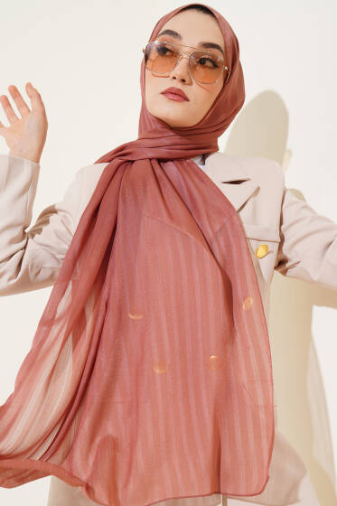 Kendinden Şeritli Jakar Şal Kahve - Başörtüsü