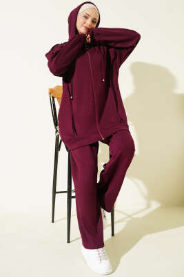 Kendinden Şeritli Kapüşonlu Loyşa İkili Takım Bordo - NESSİA