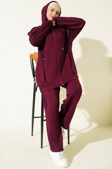 Kendinden Şeritli Kapüşonlu Loyşa İkili Takım Bordo - İkili Takım